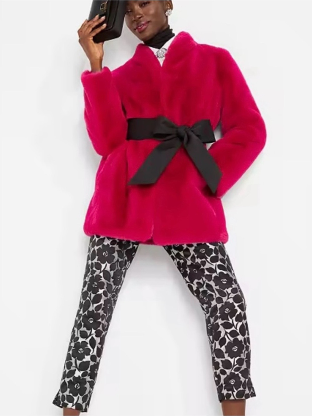 Kate Spade Bright Pink Faux Fur Coat with Black Bow Belt